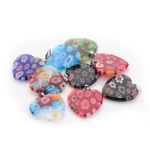 10 Pcs Millefiori Lampwork Glass Hearts Colours 22X20mm Charms Pendants