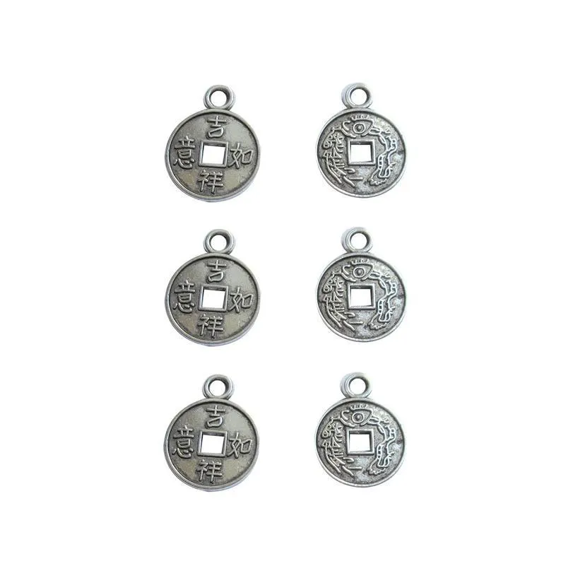 10 Pcs Tibetan Silver Coin Chinese Style Double Sided 17mm x 13mm Charms Pendants