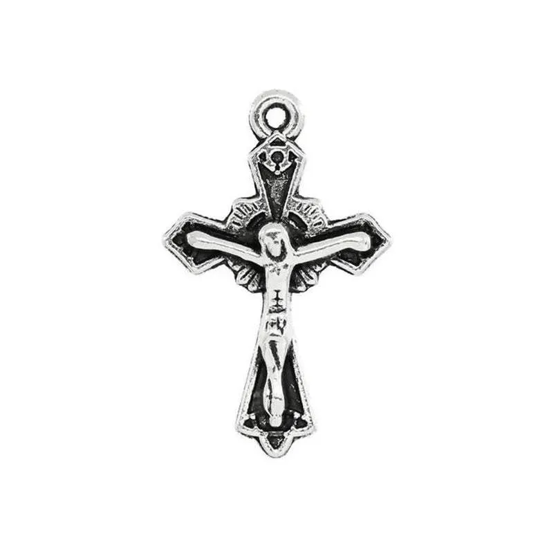 10 Pcs Tibetan Silver CROSS WITH JESUS CARVED 23mm x 15mm Charms Pendants, Lead & Nickel Free Metal Charms Pendants Beads