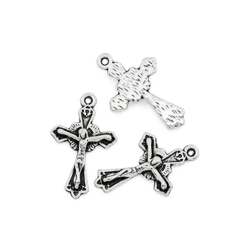 10 Pcs Tibetan Silver CROSS WITH JESUS CARVED 23mm x 15mm Charms Pendants, Lead & Nickel Free Metal Charms Pendants Beads