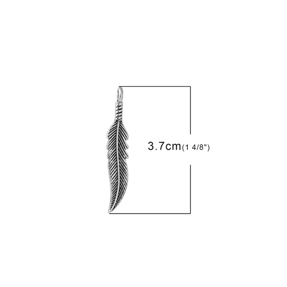 10 Pcs Tibetan Silver FEATHER (2mm HOLE) 37mm x 7mm Charms Pendants, Lead & Nickel Free Metal Charms Pendants Beads