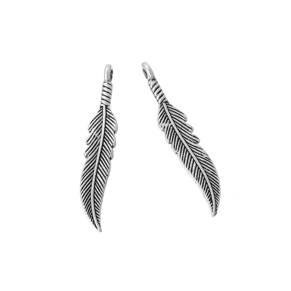 10 Pcs Tibetan Silver FEATHER (2mm HOLE) 37mm x 7mm Charms Pendants, Lead & Nickel Free Metal Charms Pendants Beads