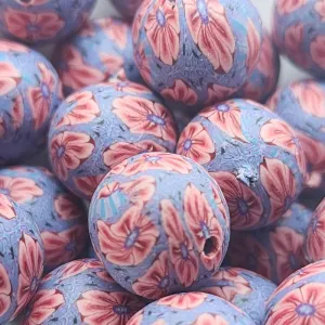12mm Round Fimo Beads (10) - Flower Pink w. Blue Surrounds