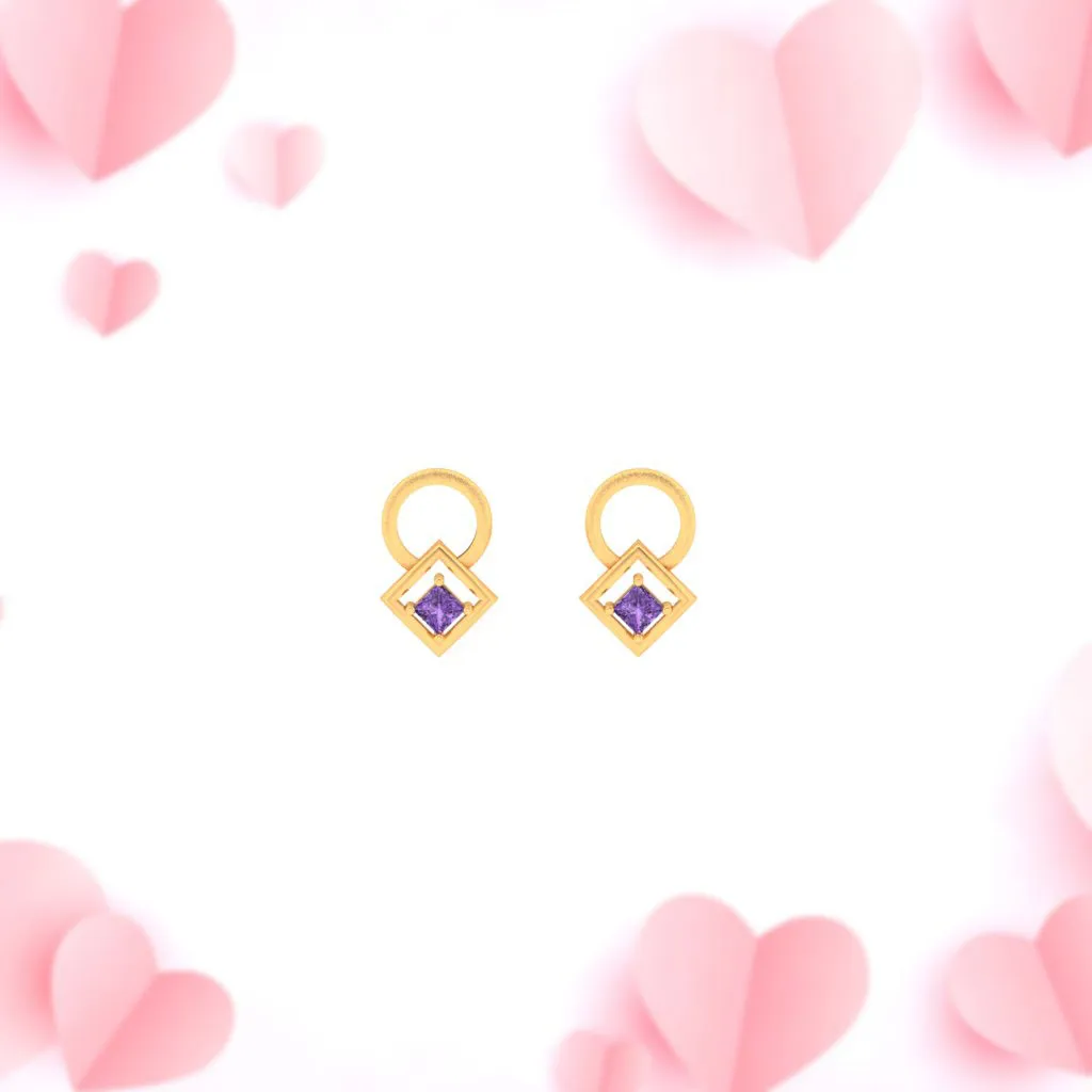 14k Gold Earrings With A Circle And Square Engraved With Violet Stone