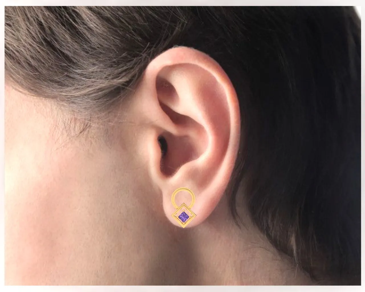 14k Gold Earrings With A Circle And Square Engraved With Violet Stone