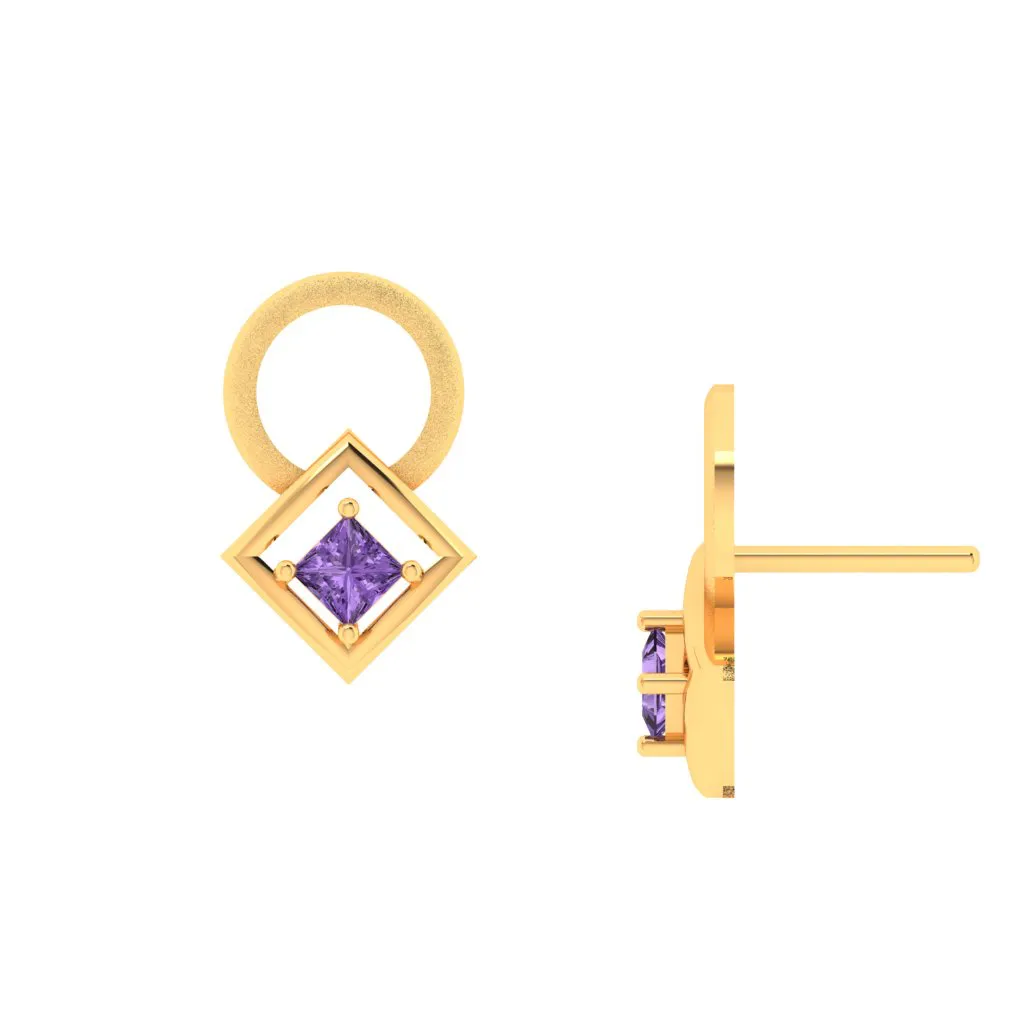 14k Gold Earrings With A Circle And Square Engraved With Violet Stone