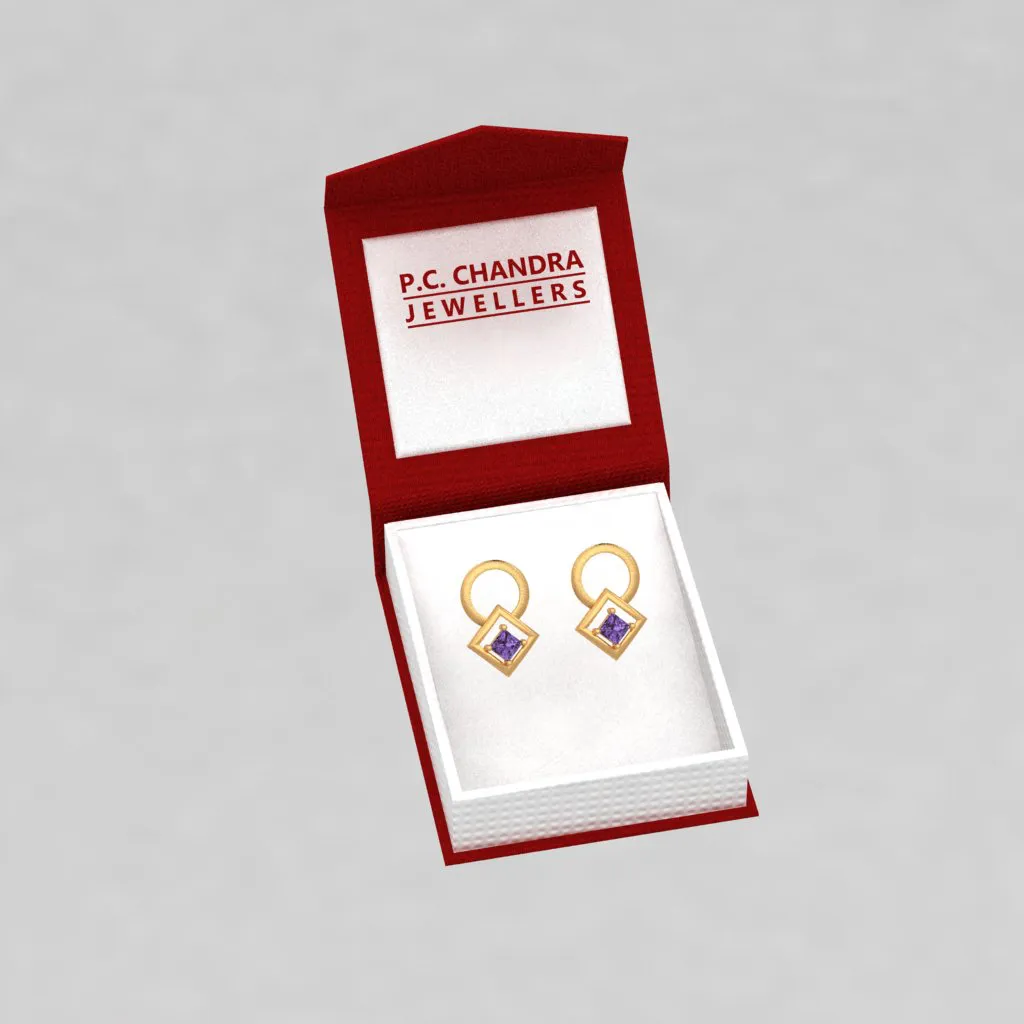14k Gold Earrings With A Circle And Square Engraved With Violet Stone