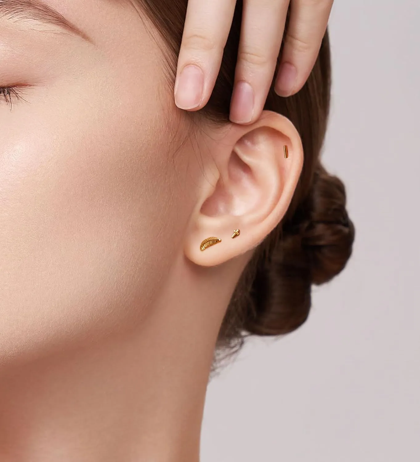 14K Gold Stud Earrings for Women 20g Leaf Cross Bar Handmade Flat Back Earrings Hypoallergenic Nap Screw Back Cartilage Earrings Gold Bar
