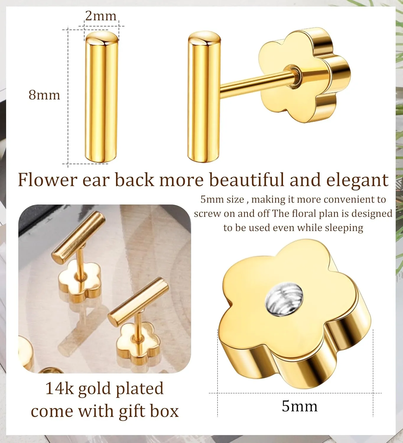 14K Gold Stud Earrings for Women 20g Leaf Cross Bar Handmade Flat Back Earrings Hypoallergenic Nap Screw Back Cartilage Earrings Gold Bar