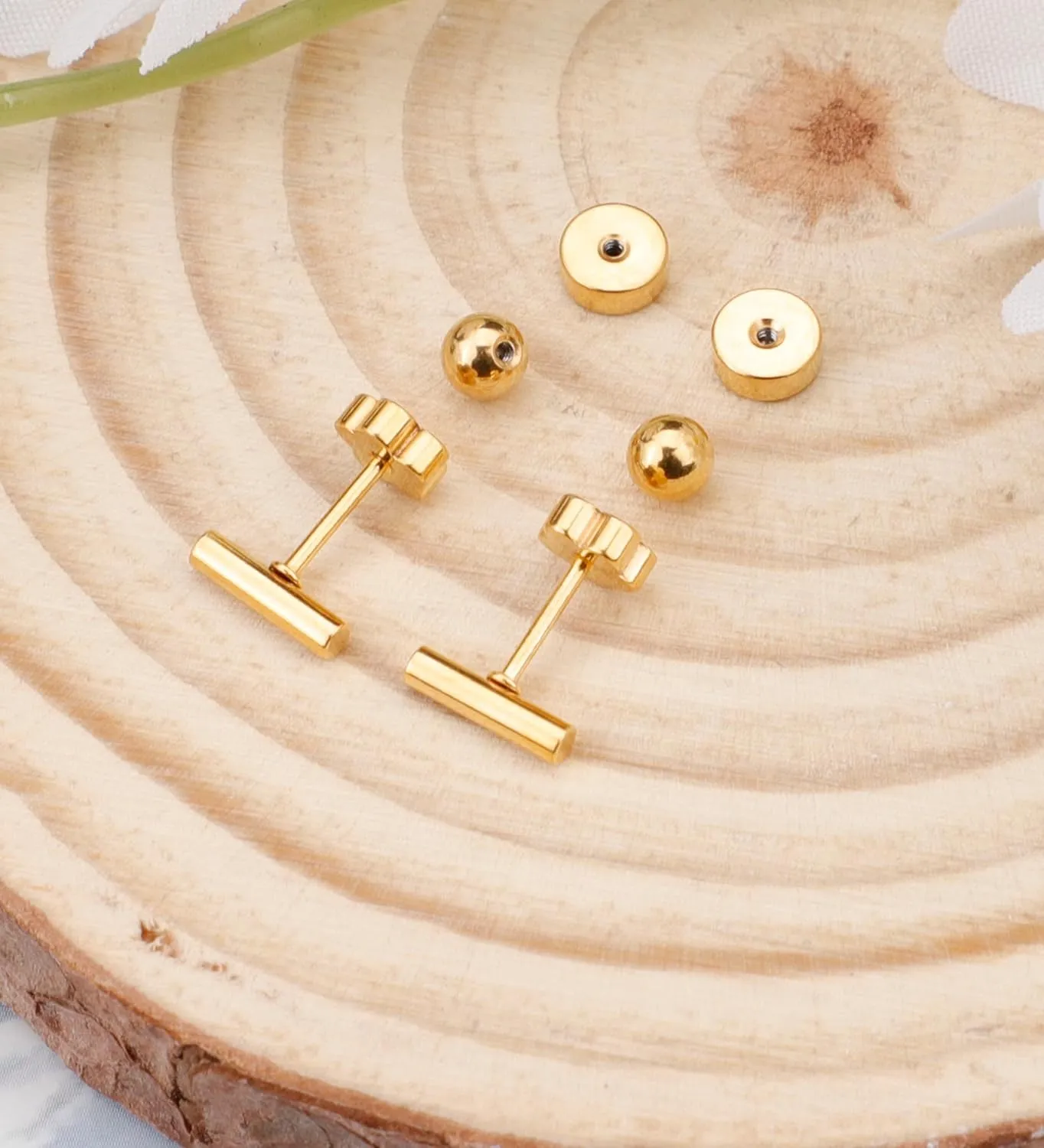 14K Gold Stud Earrings for Women 20g Leaf Cross Bar Handmade Flat Back Earrings Hypoallergenic Nap Screw Back Cartilage Earrings Gold Bar