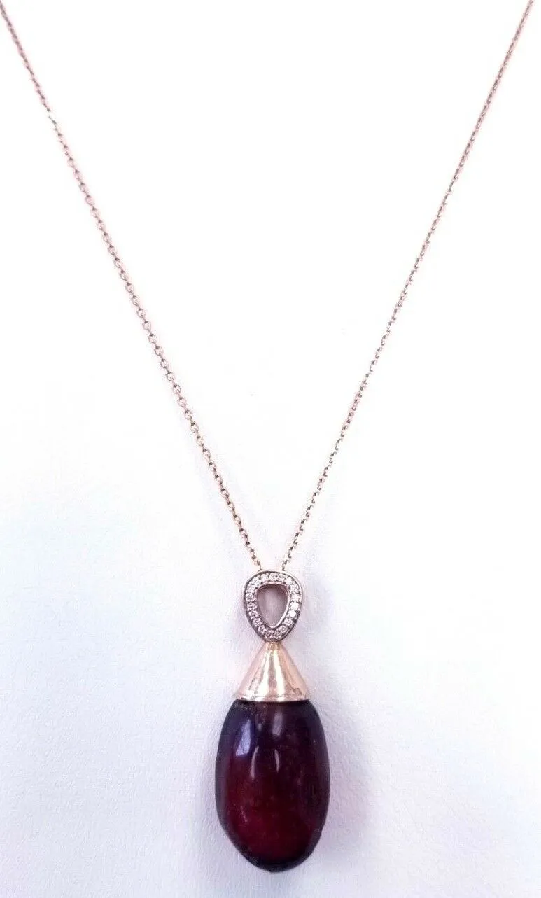 14K Rose Gold Necklace 15CT Natural AMBER with Real Mosquito & Diamond 16' inch
