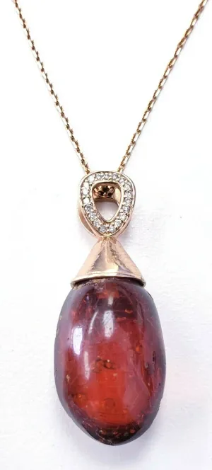 14K Rose Gold Necklace 15CT Natural AMBER with Real Mosquito & Diamond 16' inch