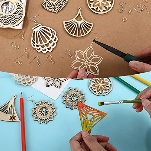 192 Pieces African Wooden Dangle Earring Making Kit, Including 32 Pieces Wooden DIY Pendants 80 Pieces Jump Rings and 80 Pieces Earring Hooks for DIY Craft Jewelry Making Supplies (Wood Color)