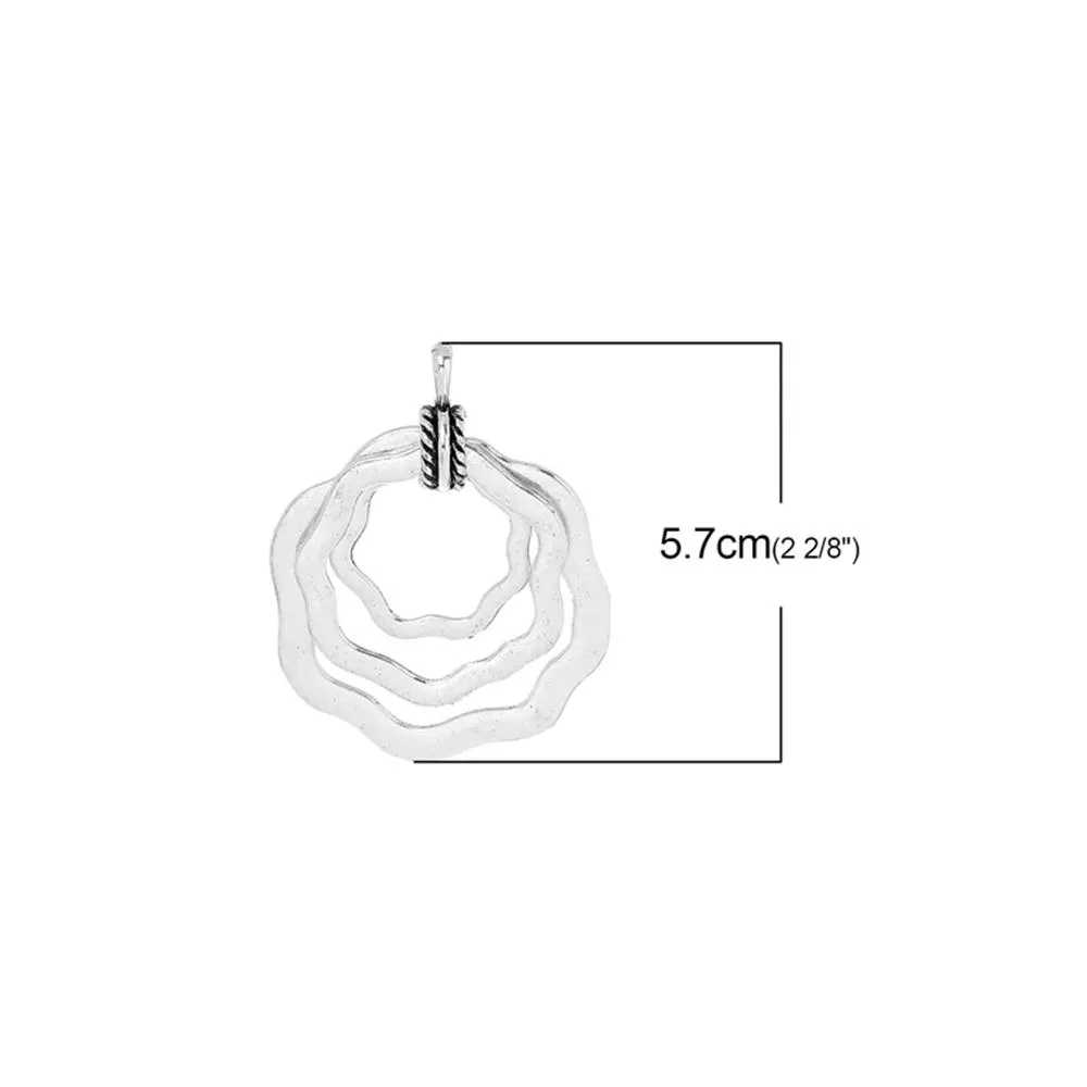 2 Pcs Tibetan Silver THREE FLOWERS CIRCLES 57mm x 46mm Charms Pendants, Lead & Nickel Free Metal Charms Pendants Beads