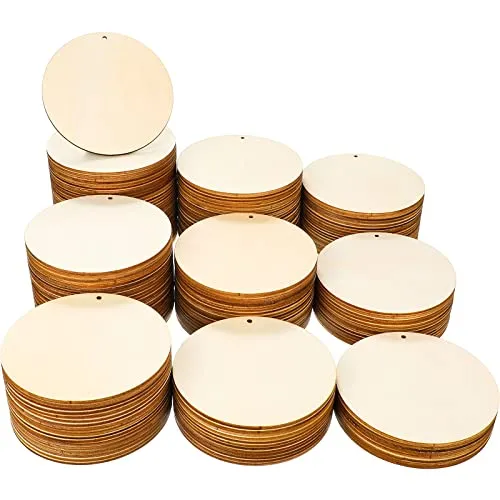 200 Pieces Unfinished Blank Wood Circle Pendants Round Disc Circle Wood Pieces Round Wooden Disk with Hole Small Wooden Pendant for Craft Decoration Embellishment (Diameter 4 Inch, Aperture 0.12 Inch)