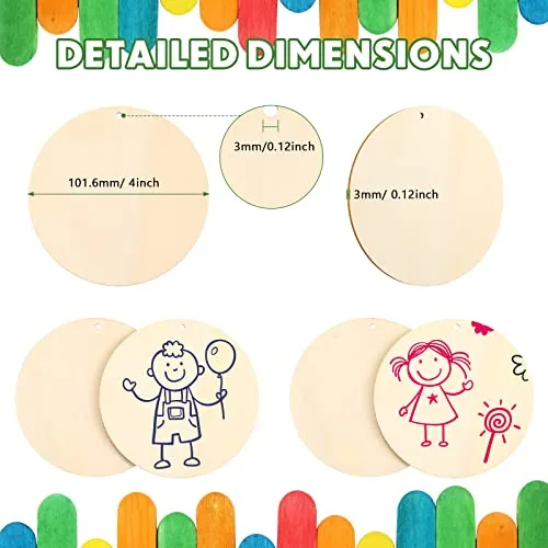 200 Pieces Unfinished Blank Wood Circle Pendants Round Disc Circle Wood Pieces Round Wooden Disk with Hole Small Wooden Pendant for Craft Decoration Embellishment (Diameter 4 Inch, Aperture 0.12 Inch)