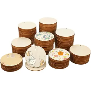 200 Pieces Unfinished Blank Wood Circle Pendants Round Disc Circle Wood Pieces Round Wooden Disk with Hole Small Wooden Pendant for Craft Decoration Embellishment (Diameter 4 Inch, Aperture 0.12 Inch)