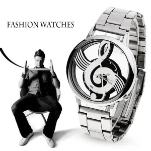 2019 New Luxury Brand Fashion and Casual Music Note Notation Watch Stainless Steel Wristwatch for Men and Women Silver Watches