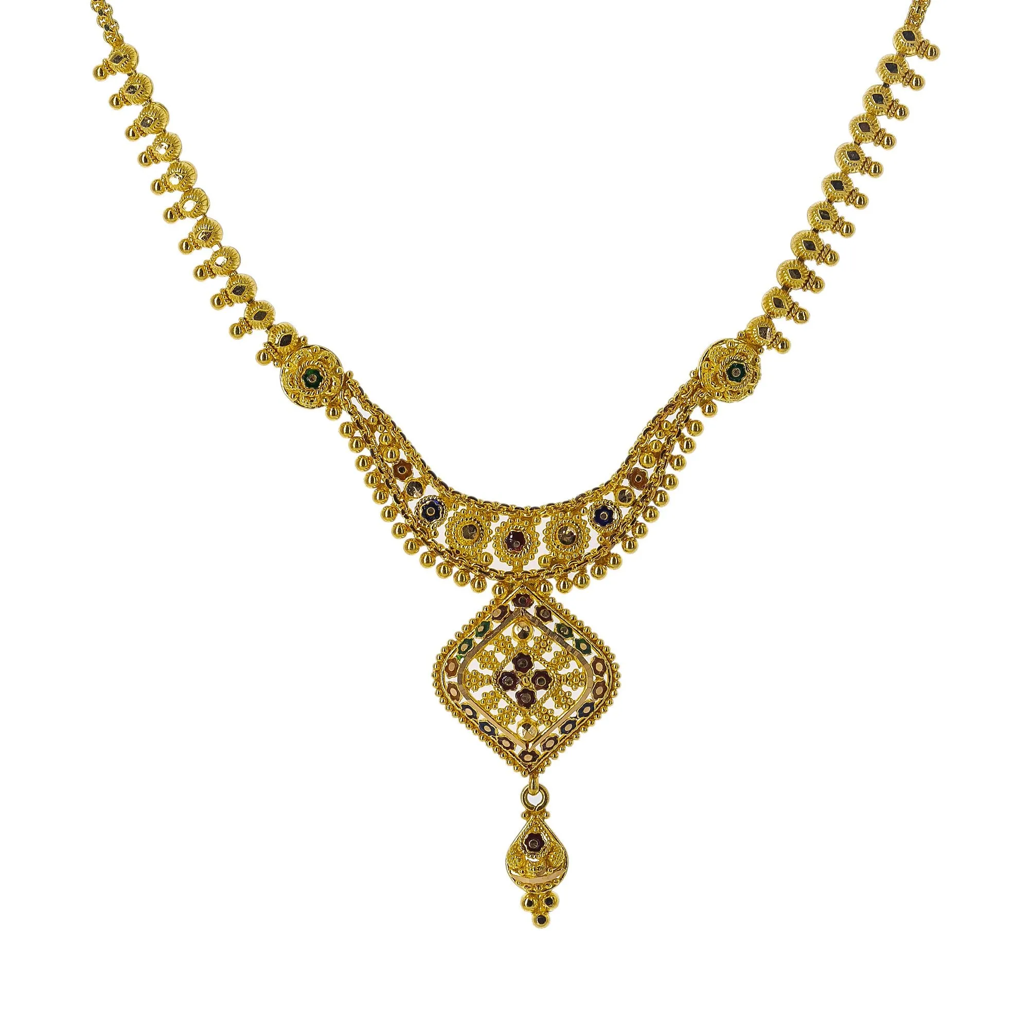 22K Yellow Gold Meenakari Necklace Set W/ Beaded Filigree & Rhombus Pendants