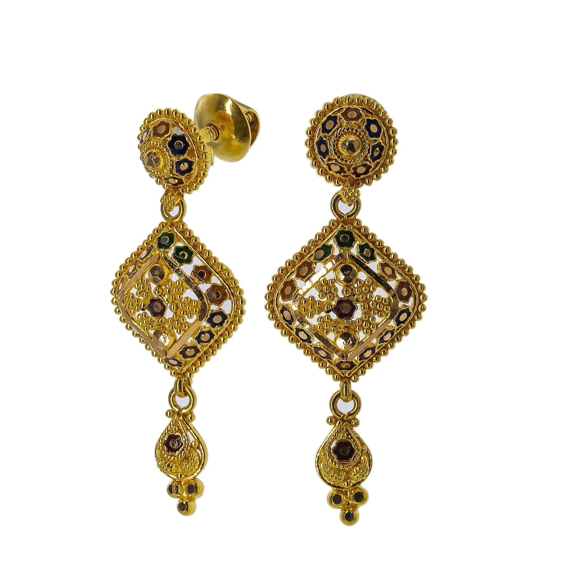 22K Yellow Gold Meenakari Necklace Set W/ Beaded Filigree & Rhombus Pendants
