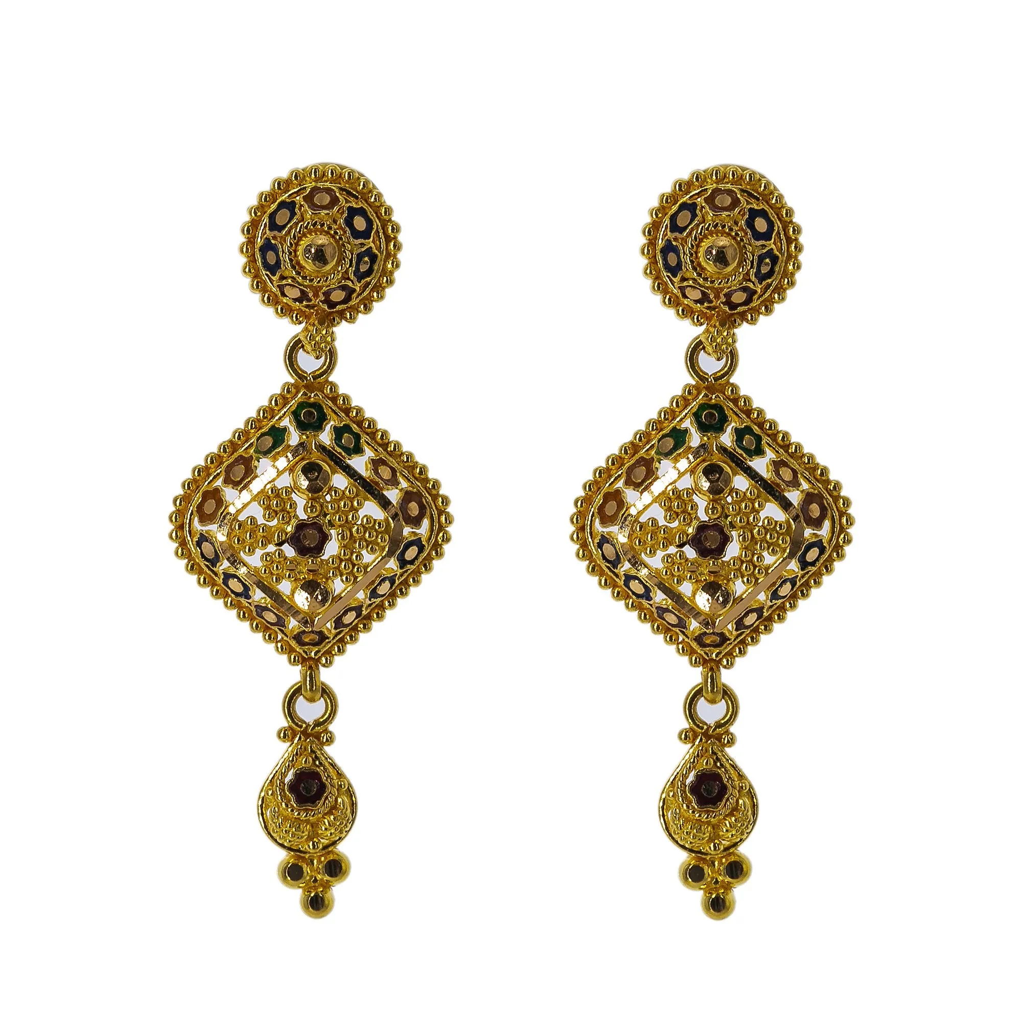 22K Yellow Gold Meenakari Necklace Set W/ Beaded Filigree & Rhombus Pendants