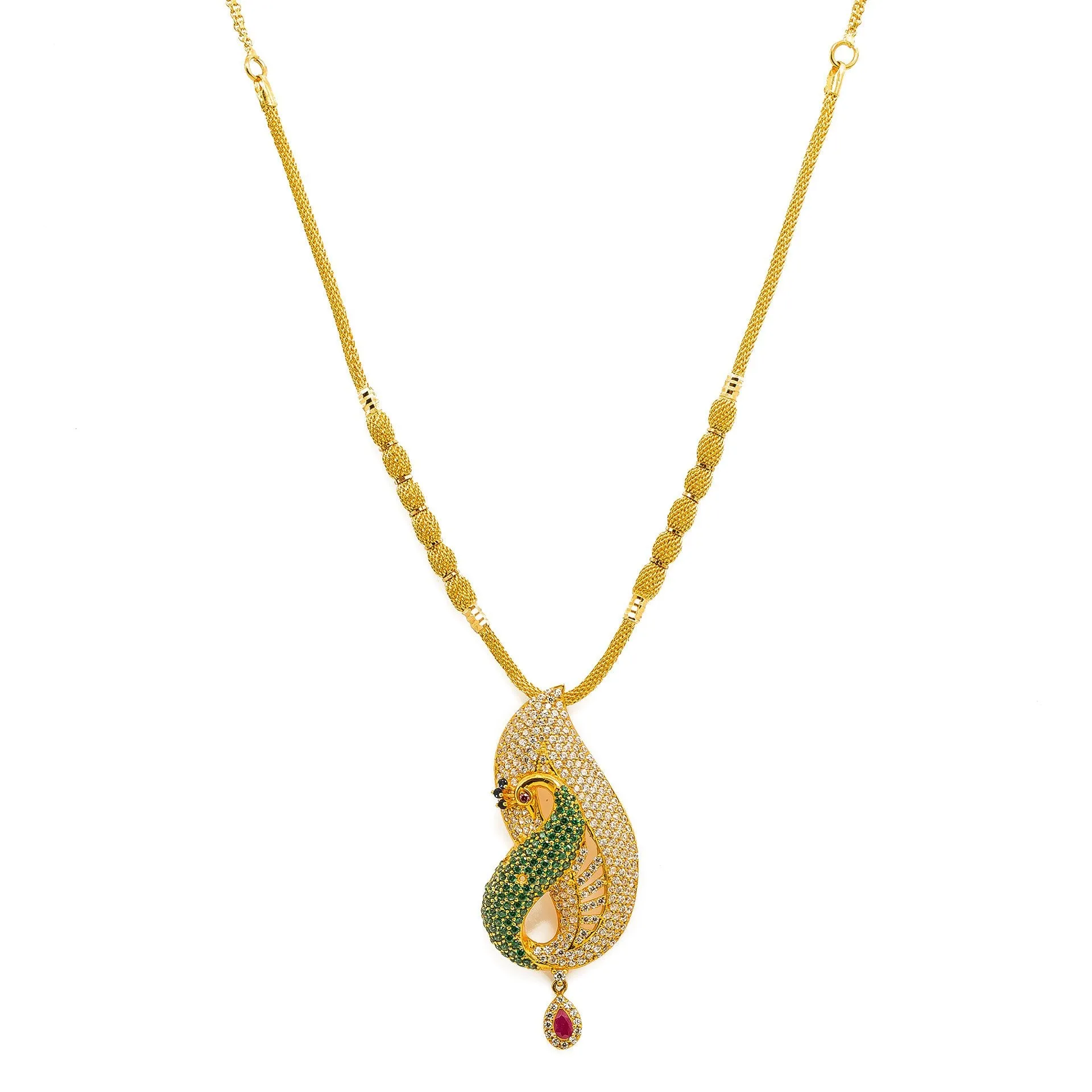 22K Yellow Gold Necklace And Earrings Set W/ Rubies, Emeralds, Sapphires, CZ Gems & Large Peacock Pendants