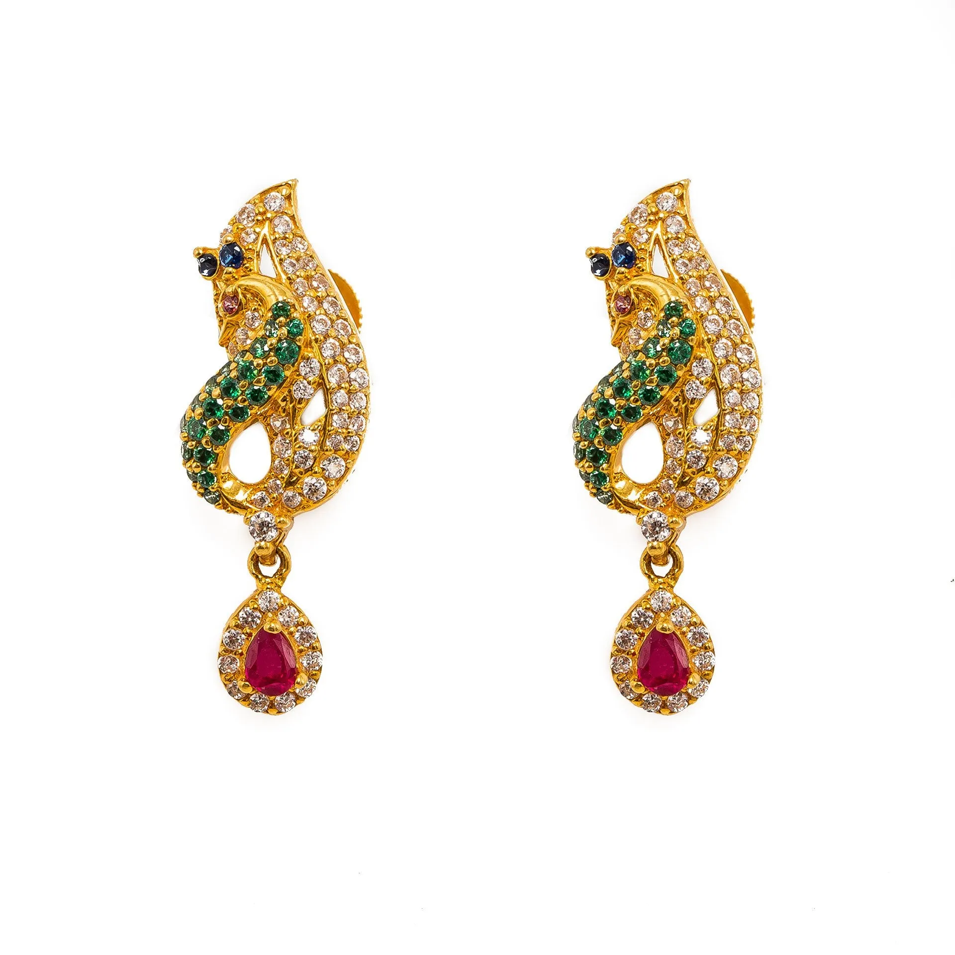 22K Yellow Gold Necklace And Earrings Set W/ Rubies, Emeralds, Sapphires, CZ Gems & Large Peacock Pendants