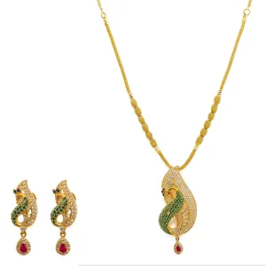 22K Yellow Gold Necklace And Earrings Set W/ Rubies, Emeralds, Sapphires, CZ Gems & Large Peacock Pendants