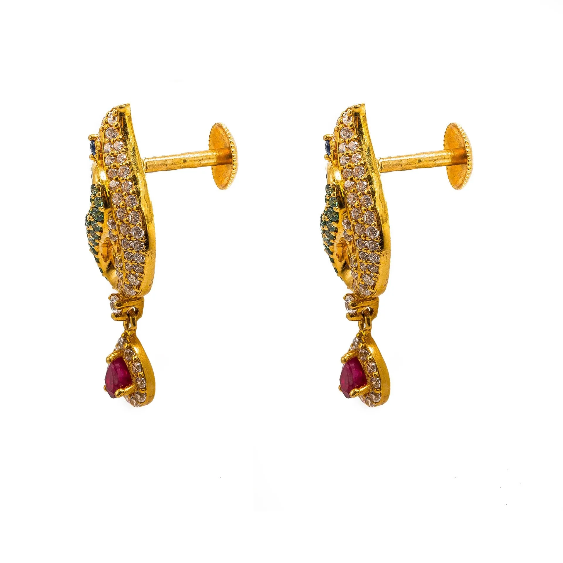 22K Yellow Gold Necklace And Earrings Set W/ Rubies, Emeralds, Sapphires, CZ Gems & Large Peacock Pendants