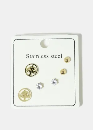 3-Pair Stainless Steel Stud Earrings