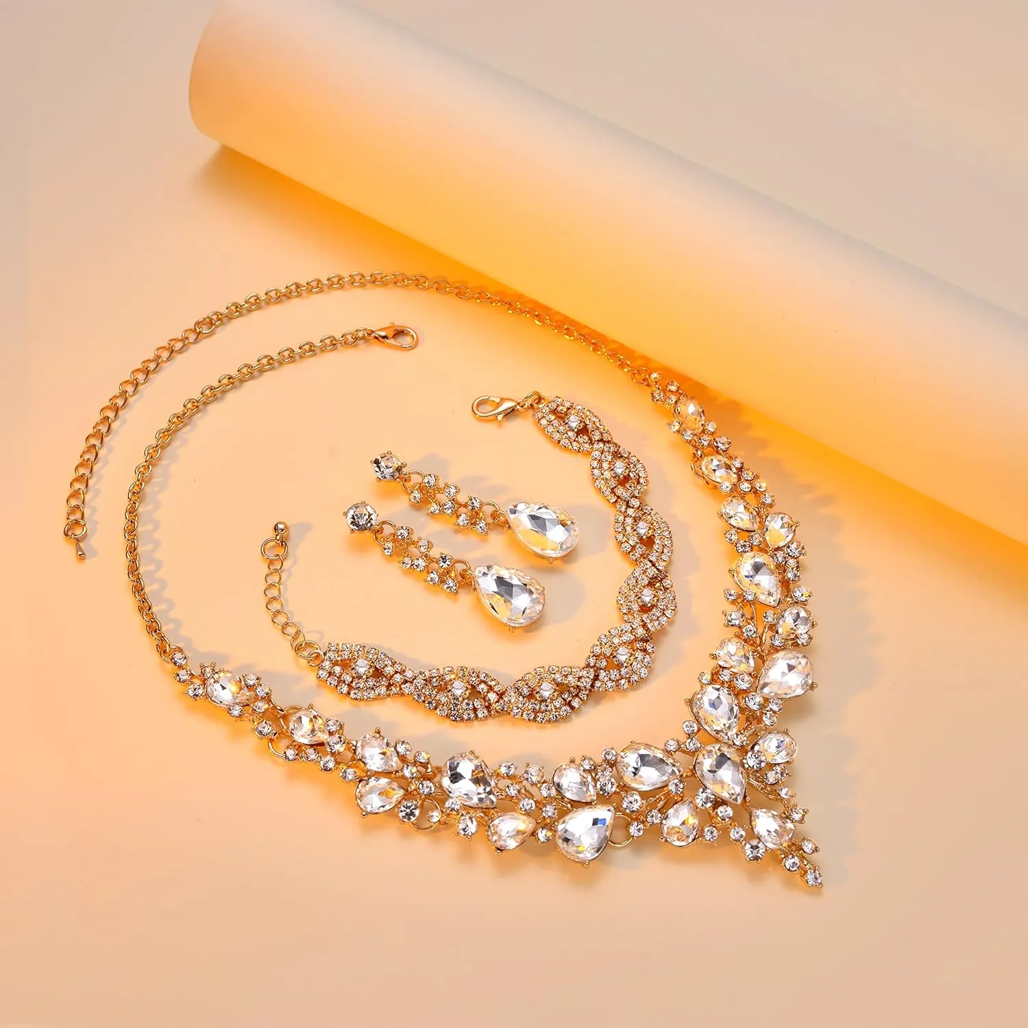 3/4 Pieces Women Jewelry Set Rhinestone Crystal Bride Statement Choker Necklace Tiara Crown Link Bangle Bracelet Teardrop Dangle Earrings Set