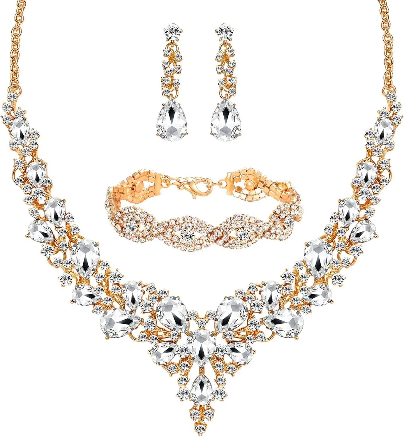 3/4 Pieces Women Jewelry Set Rhinestone Crystal Bride Statement Choker Necklace Tiara Crown Link Bangle Bracelet Teardrop Dangle Earrings Set
