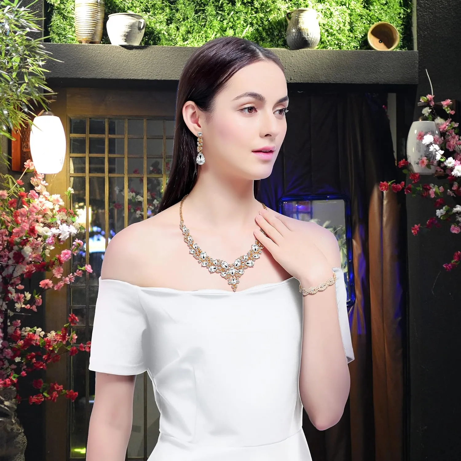 3/4 Pieces Women Jewelry Set Rhinestone Crystal Bride Statement Choker Necklace Tiara Crown Link Bangle Bracelet Teardrop Dangle Earrings Set