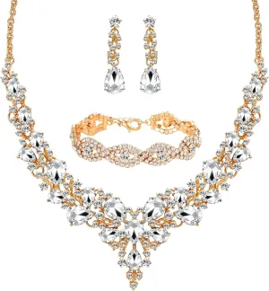 3/4 Pieces Women Jewelry Set Rhinestone Crystal Bride Statement Choker Necklace Tiara Crown Link Bangle Bracelet Teardrop Dangle Earrings Set