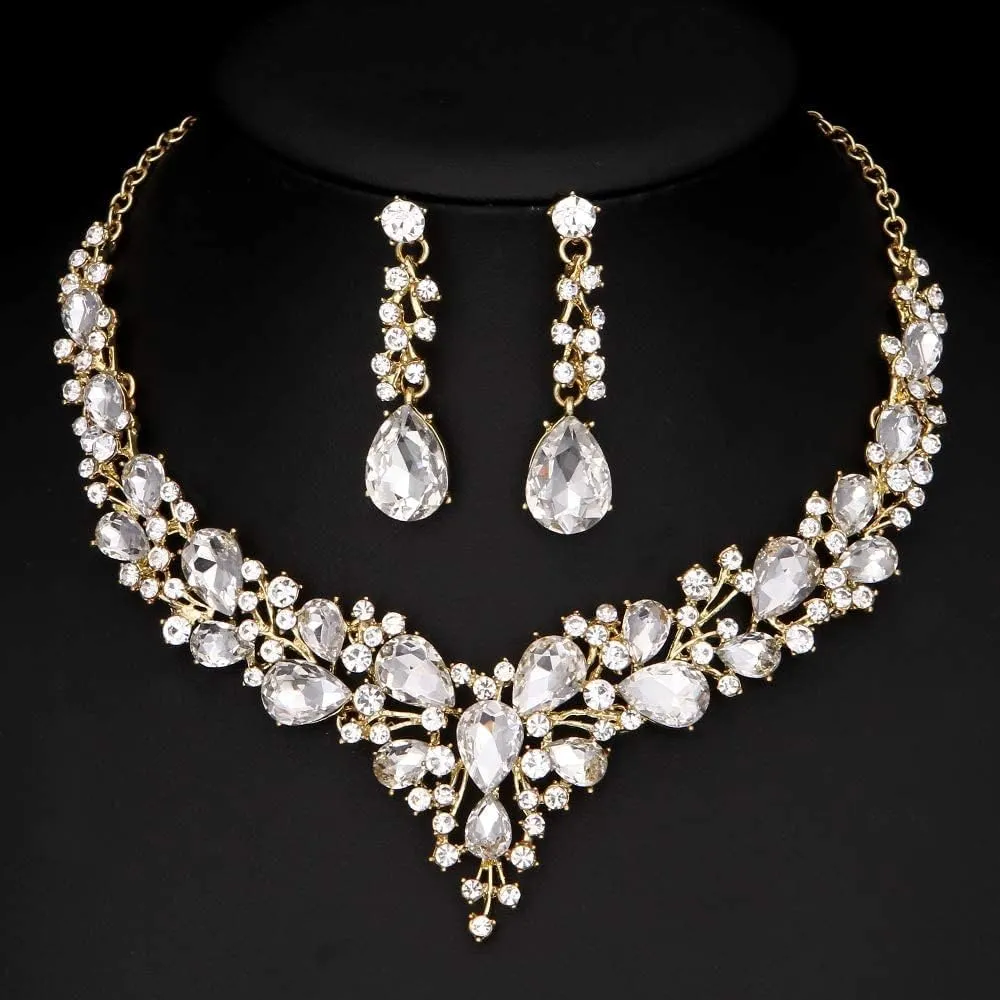 3/4 Pieces Women Jewelry Set Rhinestone Crystal Bride Statement Choker Necklace Tiara Crown Link Bangle Bracelet Teardrop Dangle Earrings Set