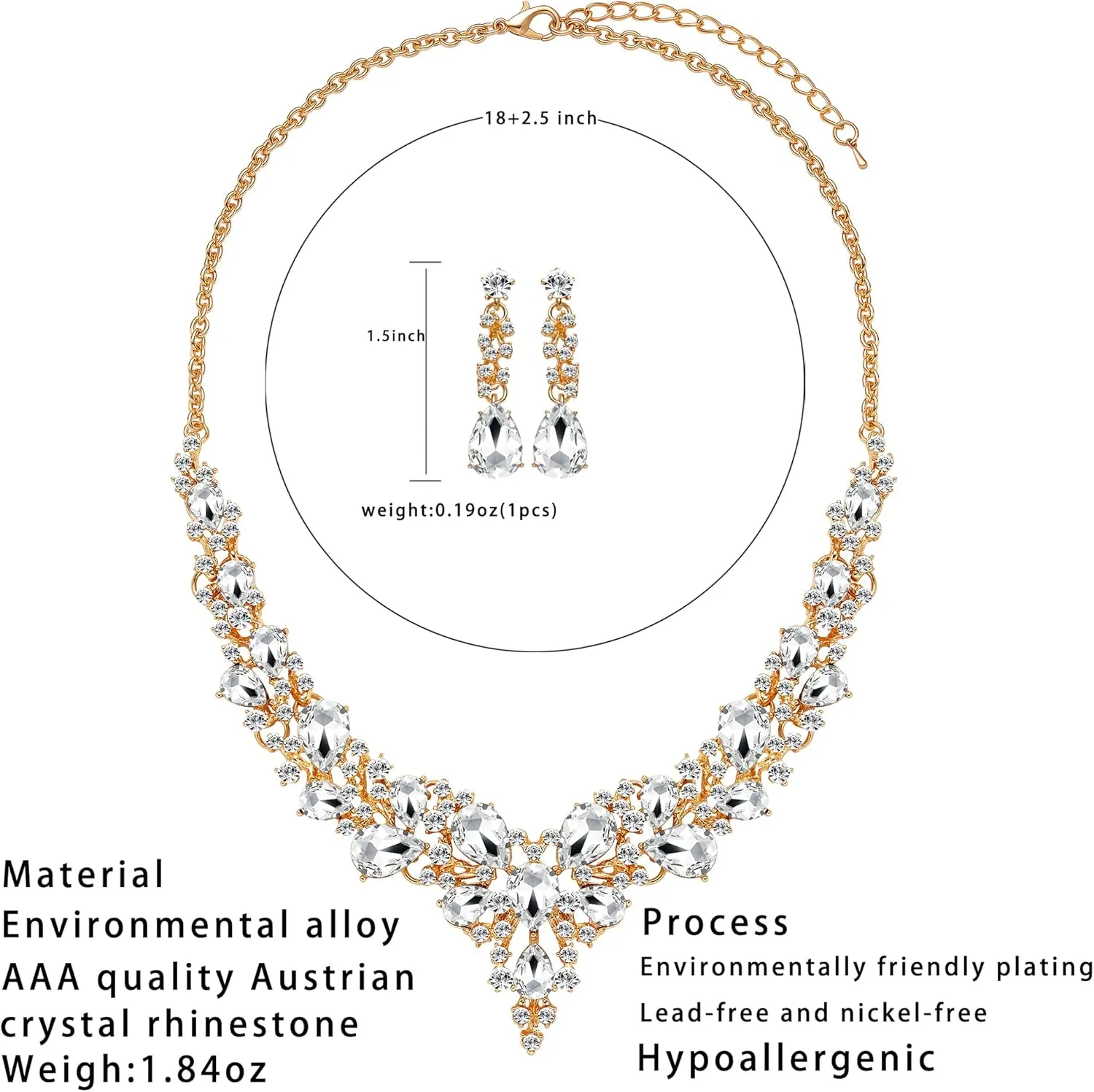 3/4 Pieces Women Jewelry Set Rhinestone Crystal Bride Statement Choker Necklace Tiara Crown Link Bangle Bracelet Teardrop Dangle Earrings Set