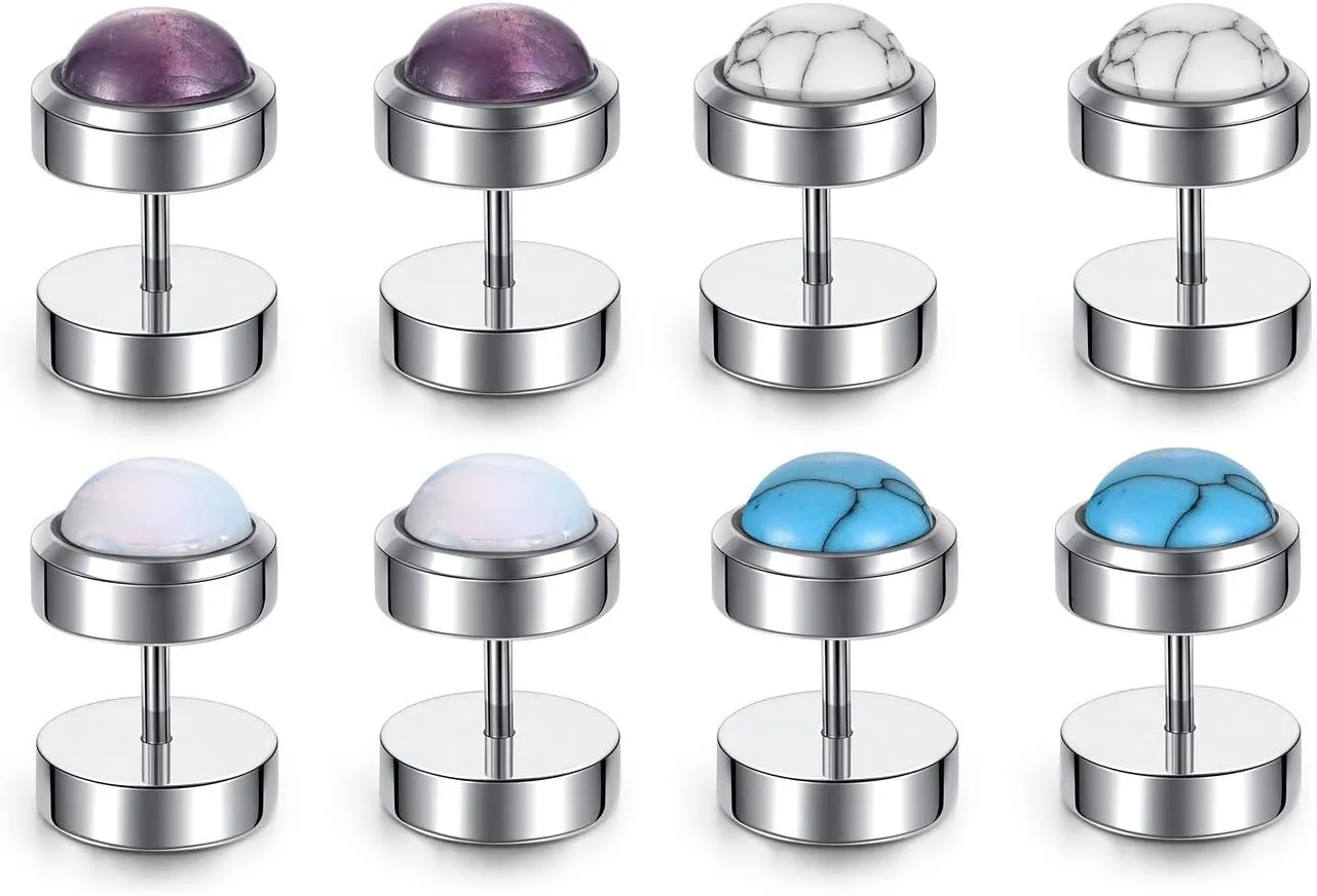 4 Pairs Mens Fake Gauges Stud Earrings Set Stainless Steel Ear Piercing Faux Cheater Illusion Plugs Tunnel Flat Back Stud Earrings for Men Women 00G Gauge Look