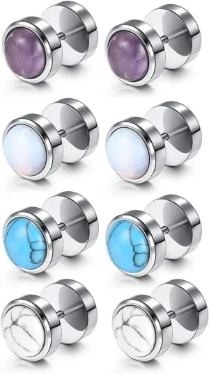 4 Pairs Mens Fake Gauges Stud Earrings Set Stainless Steel Ear Piercing Faux Cheater Illusion Plugs Tunnel Flat Back Stud Earrings for Men Women 00G Gauge Look