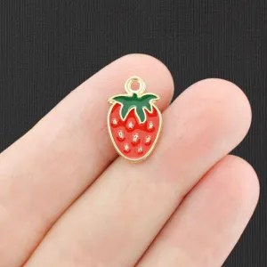 4 Strawberry Gold Tone Enamel Charms - E759