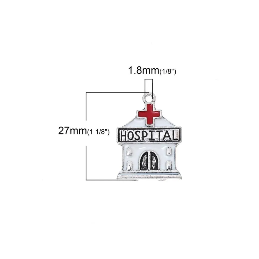 5 Pcs Tibetan Silver HOSPITAL WHITE & RED ENAMEL 27mm x 20mm Charms Pendants,Lead & Nickel Free Metal Charms Pendants Beads