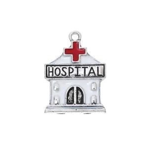 5 Pcs Tibetan Silver HOSPITAL WHITE & RED ENAMEL 27mm x 20mm Charms Pendants,Lead & Nickel Free Metal Charms Pendants Beads