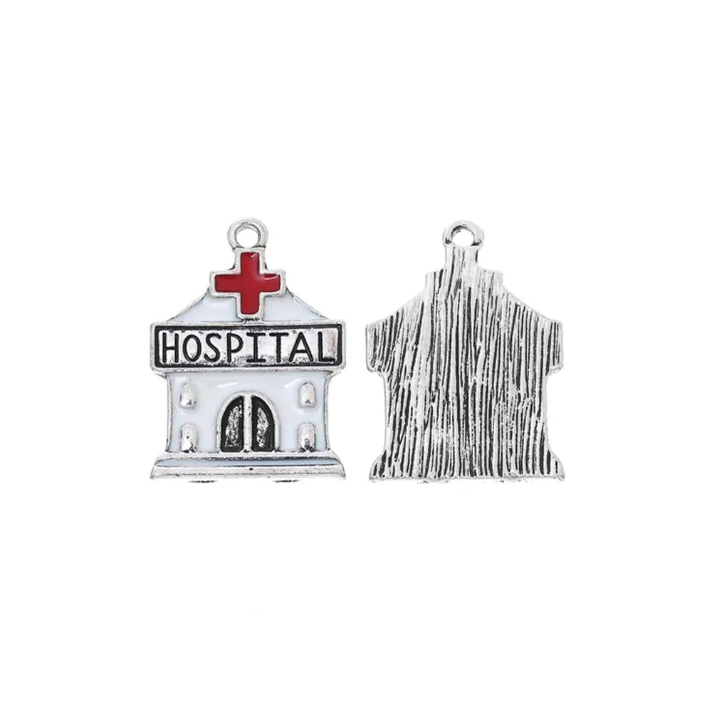 5 Pcs Tibetan Silver HOSPITAL WHITE & RED ENAMEL 27mm x 20mm Charms Pendants,Lead & Nickel Free Metal Charms Pendants Beads