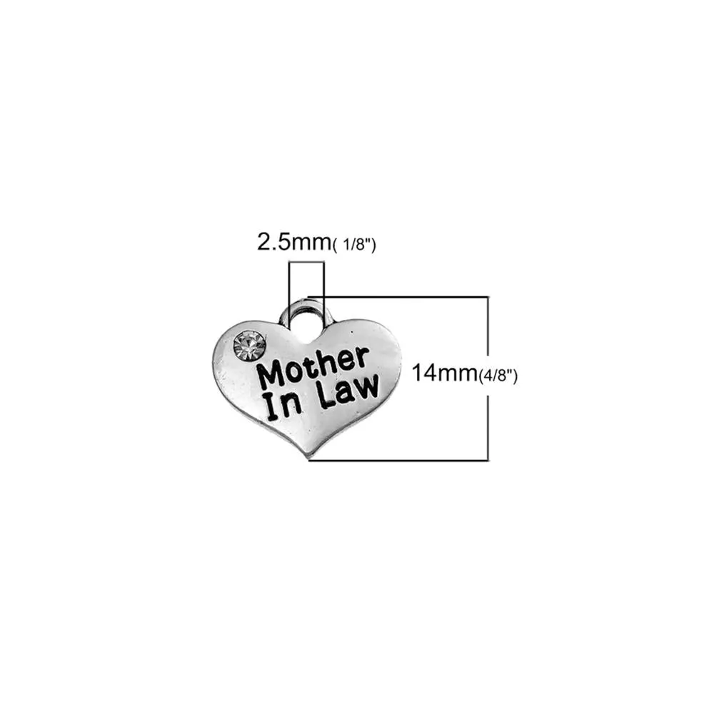 5 Pcs Tibetan Silver "MOTHER IN LAW" HEART WITH RHINESTONE Charms Pendants, Lead & Nickel Free Metal Charms Pendants Beads