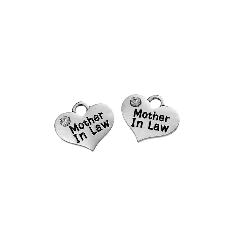 5 Pcs Tibetan Silver "MOTHER IN LAW" HEART WITH RHINESTONE Charms Pendants, Lead & Nickel Free Metal Charms Pendants Beads