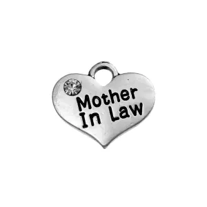 5 Pcs Tibetan Silver "MOTHER IN LAW" HEART WITH RHINESTONE Charms Pendants, Lead & Nickel Free Metal Charms Pendants Beads