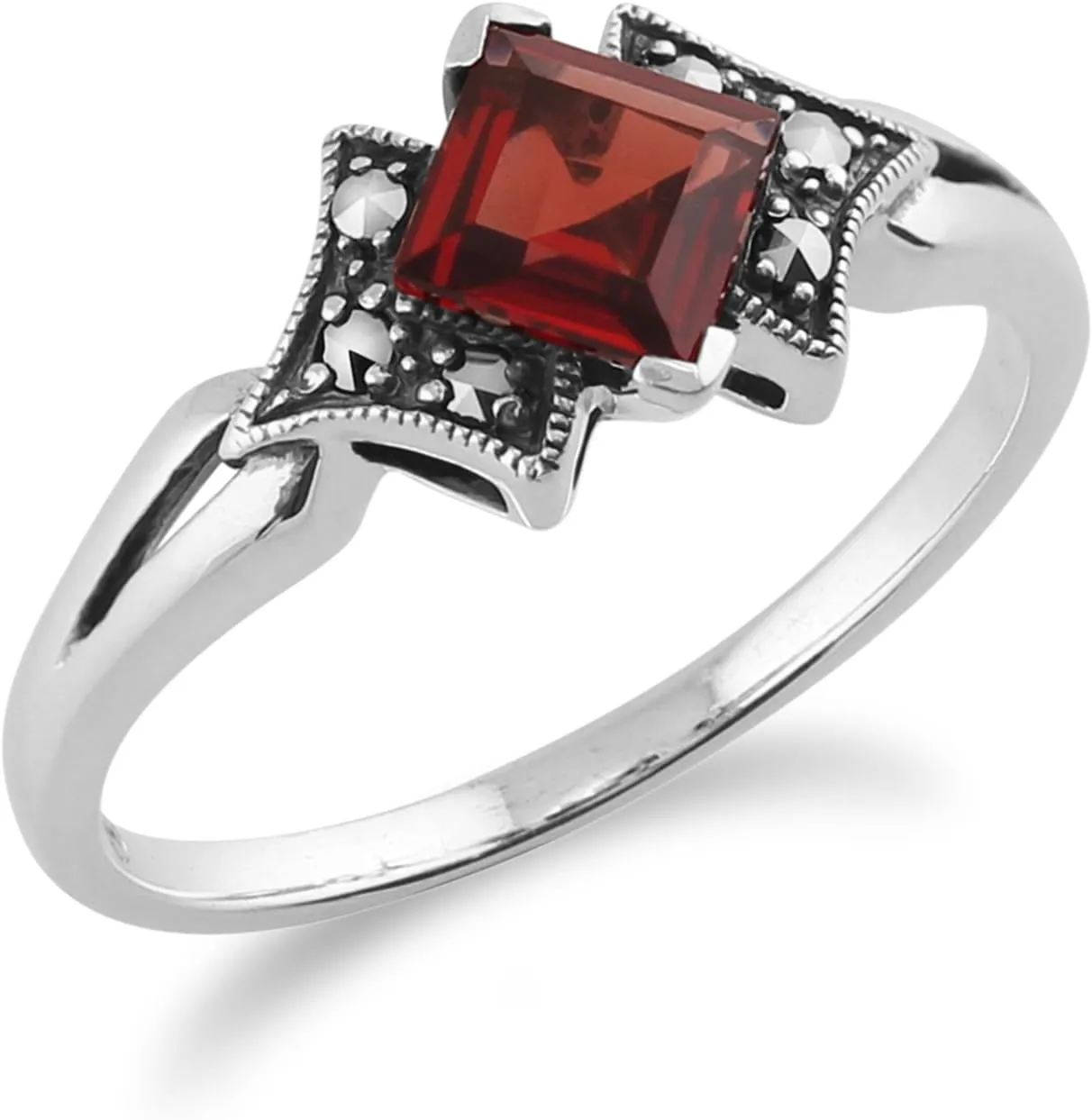 925 Sterling Silver Art Deco Garnet & Marcasite Ring