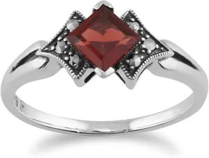925 Sterling Silver Art Deco Garnet & Marcasite Ring