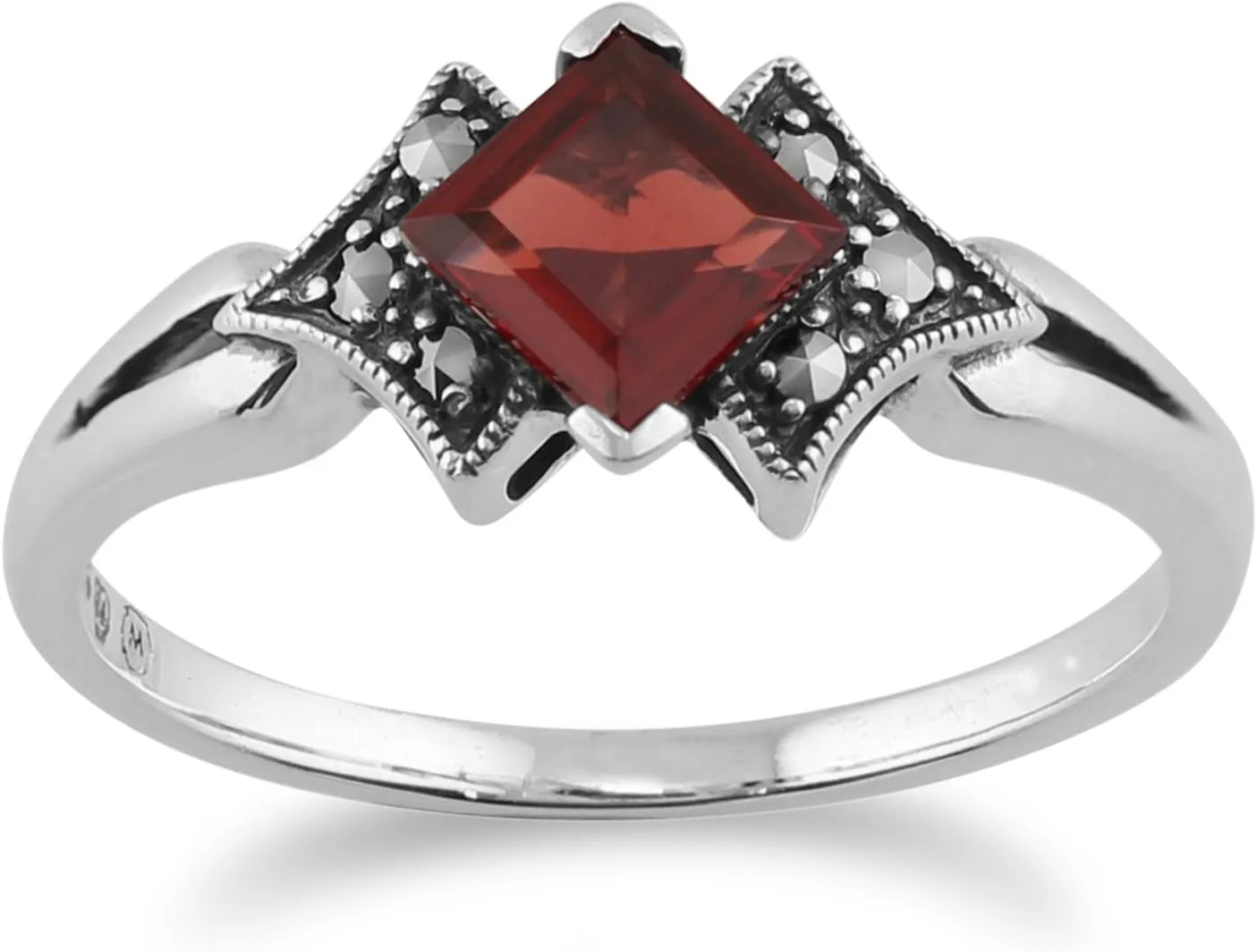 925 Sterling Silver Art Deco Garnet & Marcasite Ring