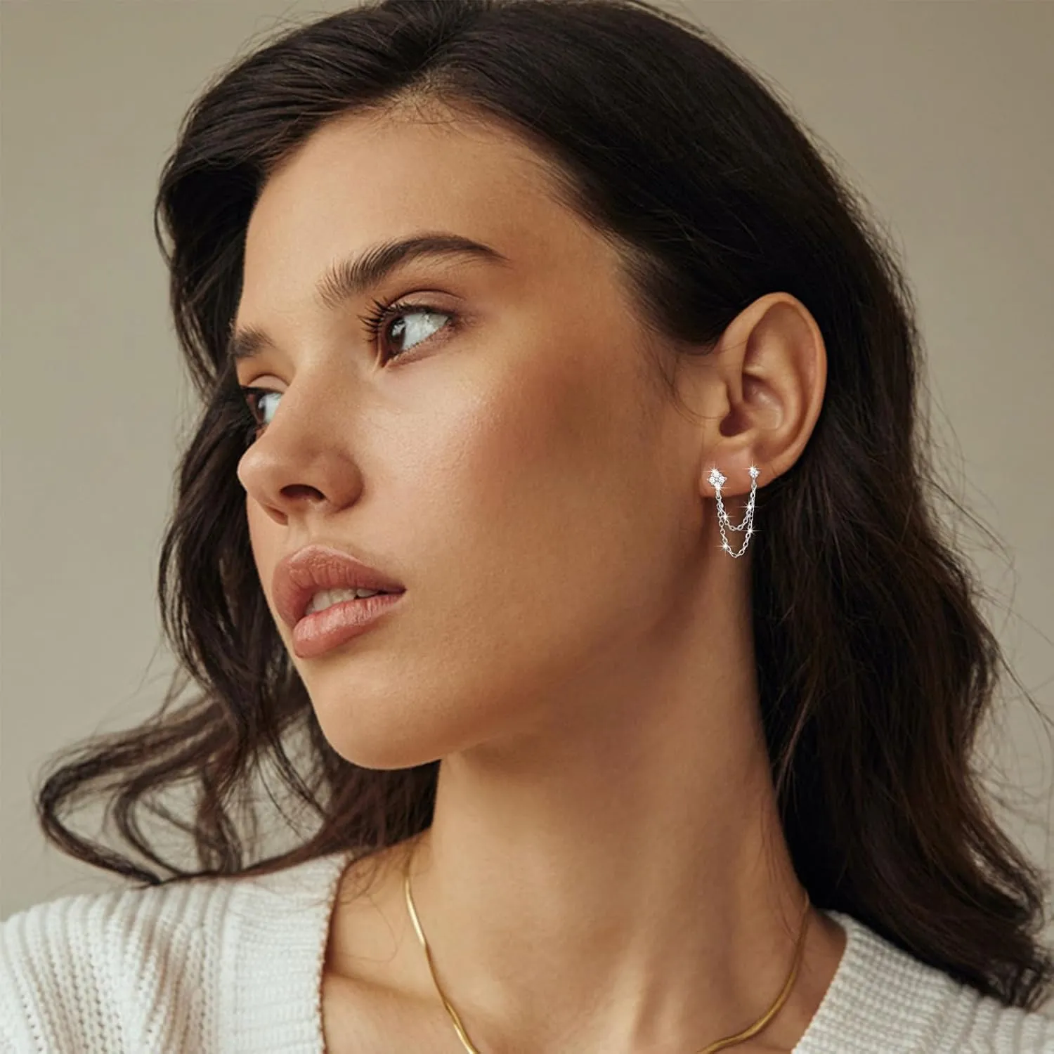 925 Sterling Silver Four Zircons Flower Stud Earrings For Women | Double Studs Chain Tassel Piercing Earring | Gold Plated Double Piercing Dangle Chain Earrings Jewelry Gifts for Women Girls