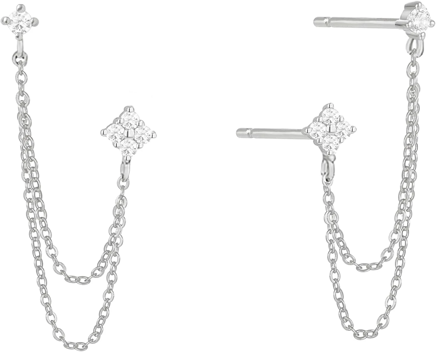 925 Sterling Silver Four Zircons Flower Stud Earrings For Women | Double Studs Chain Tassel Piercing Earring | Gold Plated Double Piercing Dangle Chain Earrings Jewelry Gifts for Women Girls